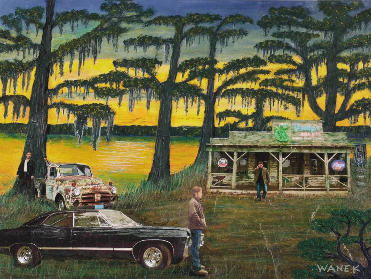 Jerry Wanek's signed Roadhouse painting: a swamp bayou scene at sunset with a vintage truck, the Impala, and Sam and Dean outside Peachy's bar