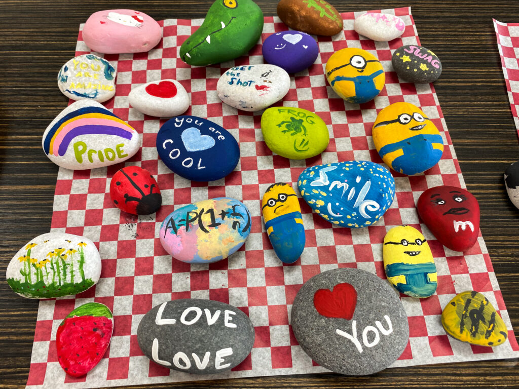 Smooth rocks painted with pictures, cartoons, and messages