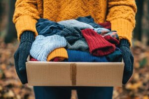 box of winter hats held out by someone wearing gloves